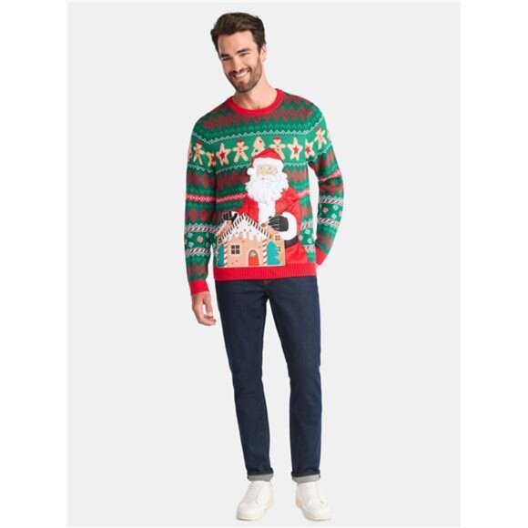 Holiday Time Men's Long Sleeve Christmas Sweater with Santa, Sizes XS-3XL - Picture 3 of 6